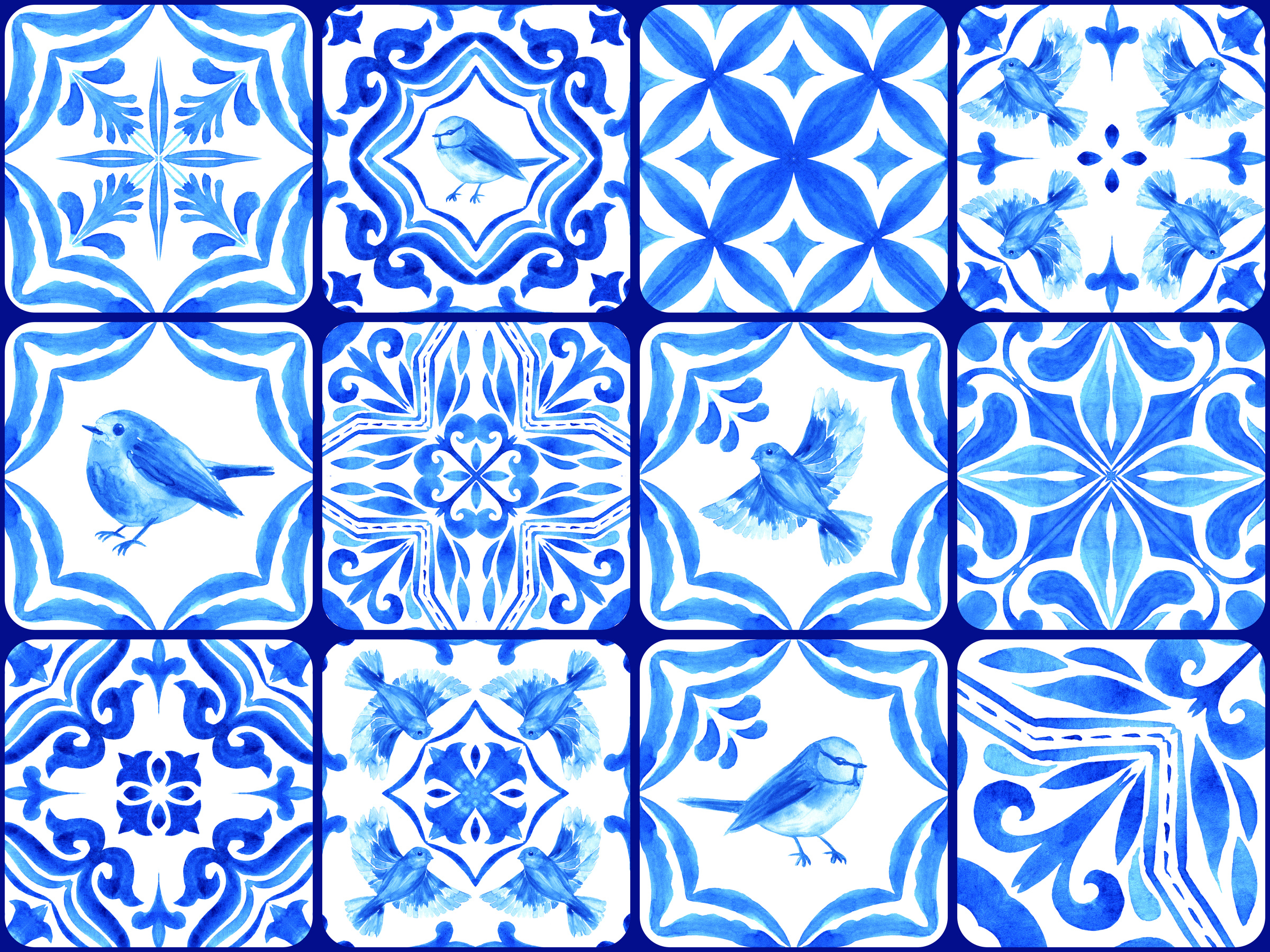 Azulejos - Portuguese tiles blue watercolor pattern. Traditi